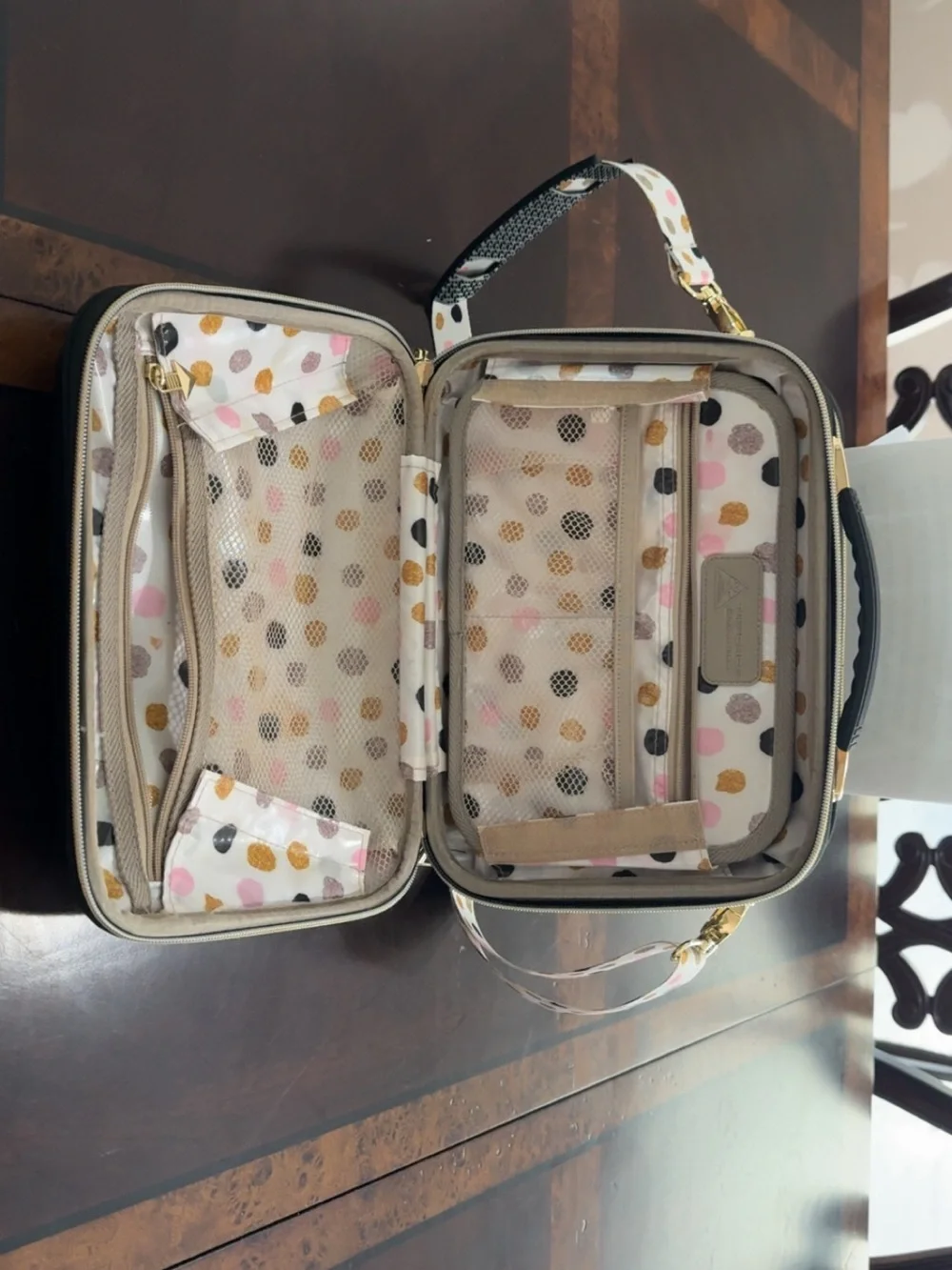 Black Quilted Crossbody Makeup Bag with Polka Dot Strap & Interior